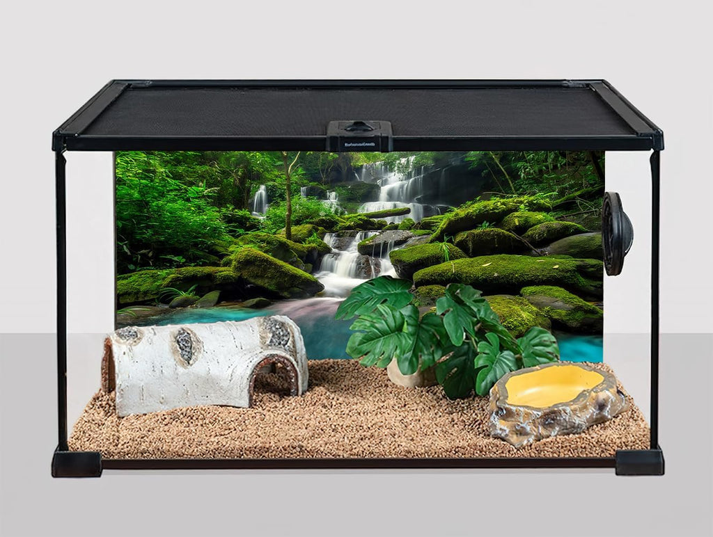 30X18 Inch Tropical Waterfall Vivarium Backdrop - Rainforest Mountain Lake & Lush Tree Reptile Tank Background - Durable Polyester Habitat Decoration