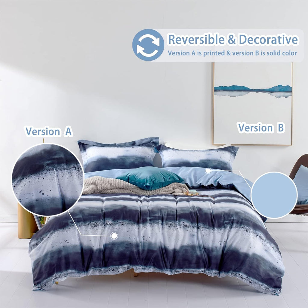 MILDLY 100% Long-Staple Cotton Duvet Cover Set Navy & White Striped Watercolor Pattern Printed Comforter Cover 2pcs, Ultra Soft & Breathable Bedding Set