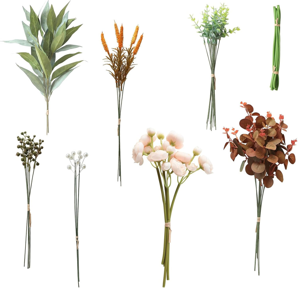 Floroom Artificial Greenery Stems Box Set, 41pcs with 7 Kinds of Faux Greenery Flowers Picks for DIY Bridal Bouquets Wedding Floral Arrangement Table Centerpieces, Terracotta & Cream