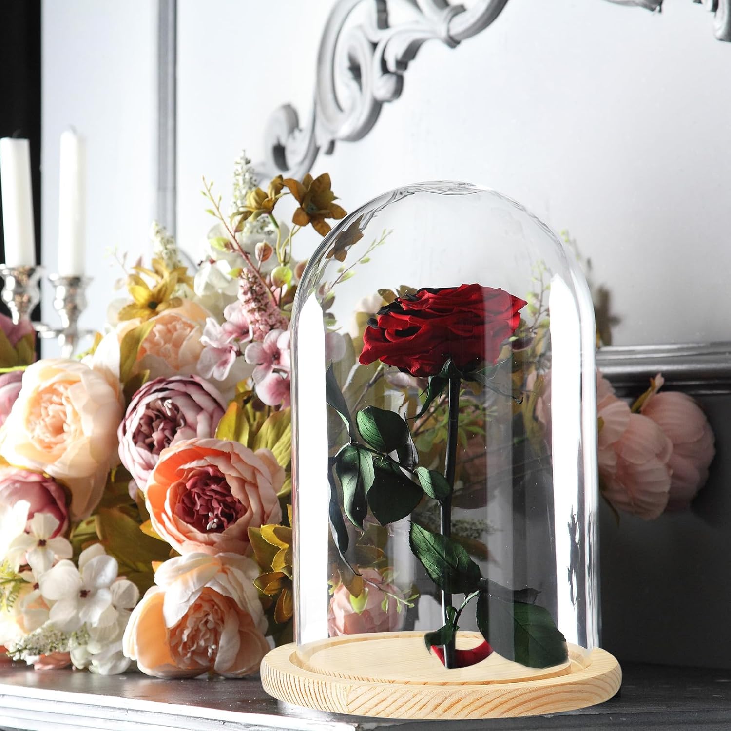 PATIKIL 7.9"x3.5" Clear Cloche Glass Dome, Glass Bell Jar Display Case Tabletop Centerpiece with Wooden Base for Plants Home Decor