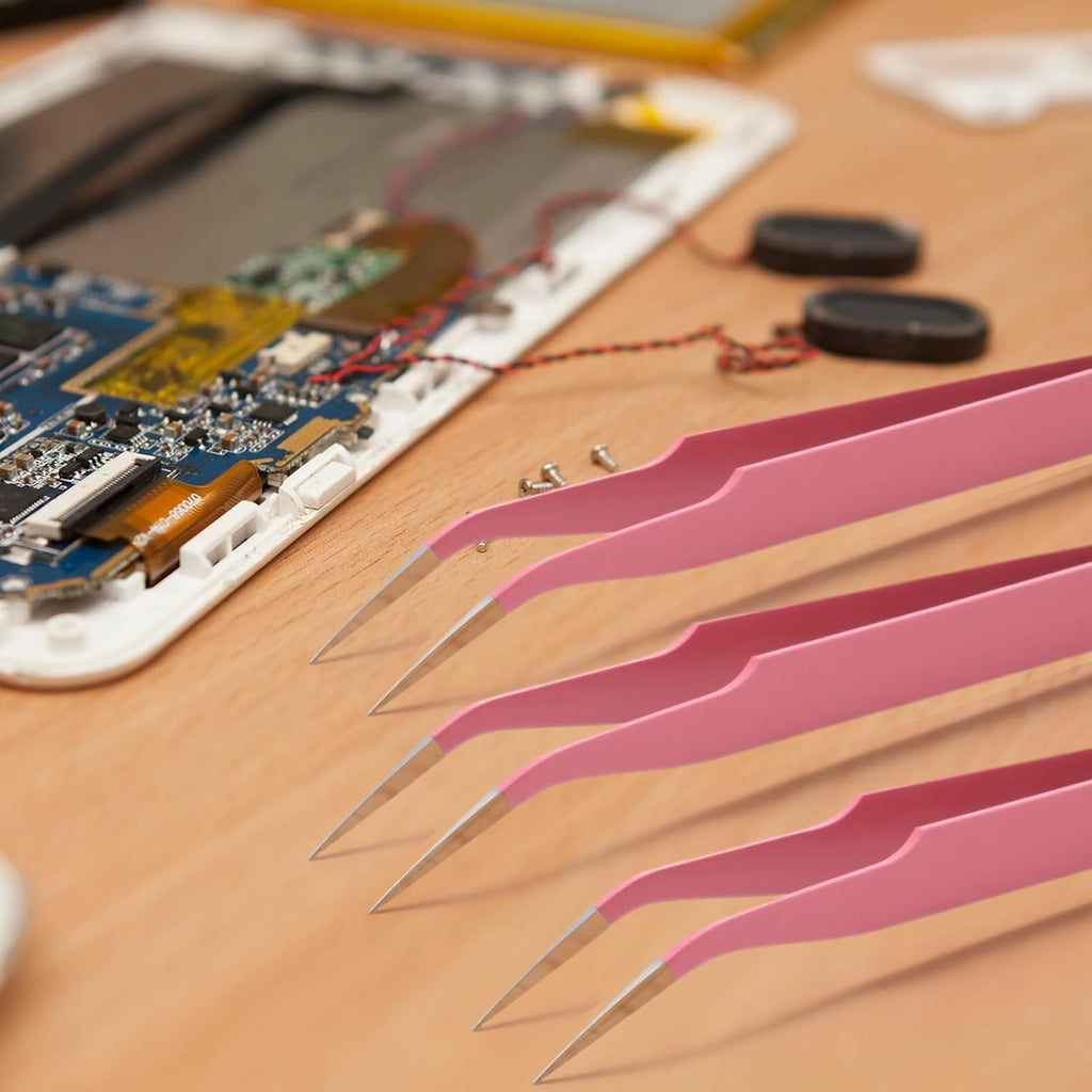 Honoson 9 Pieces Curved Pointed Craft Tweezers Stainless Steel Precision Tweezer with Protective Cover for Rhinestones Dried Flowers Craft Stickers Eyelash Extension Jewelry Making(Pink)