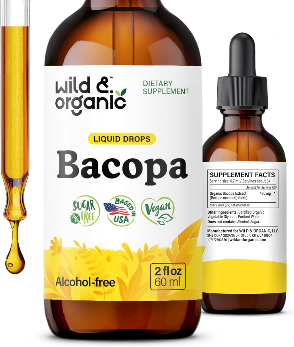 Wild & Organic Bacopa Tincture - Supports Calm, Focus, Clarity - Bacopa Monnieri Supplement Liquid - Alcohol-Free Drops with Brahmi Extract - Vegan, Sugar-Free - 2-Month Supply - 2 fl oz