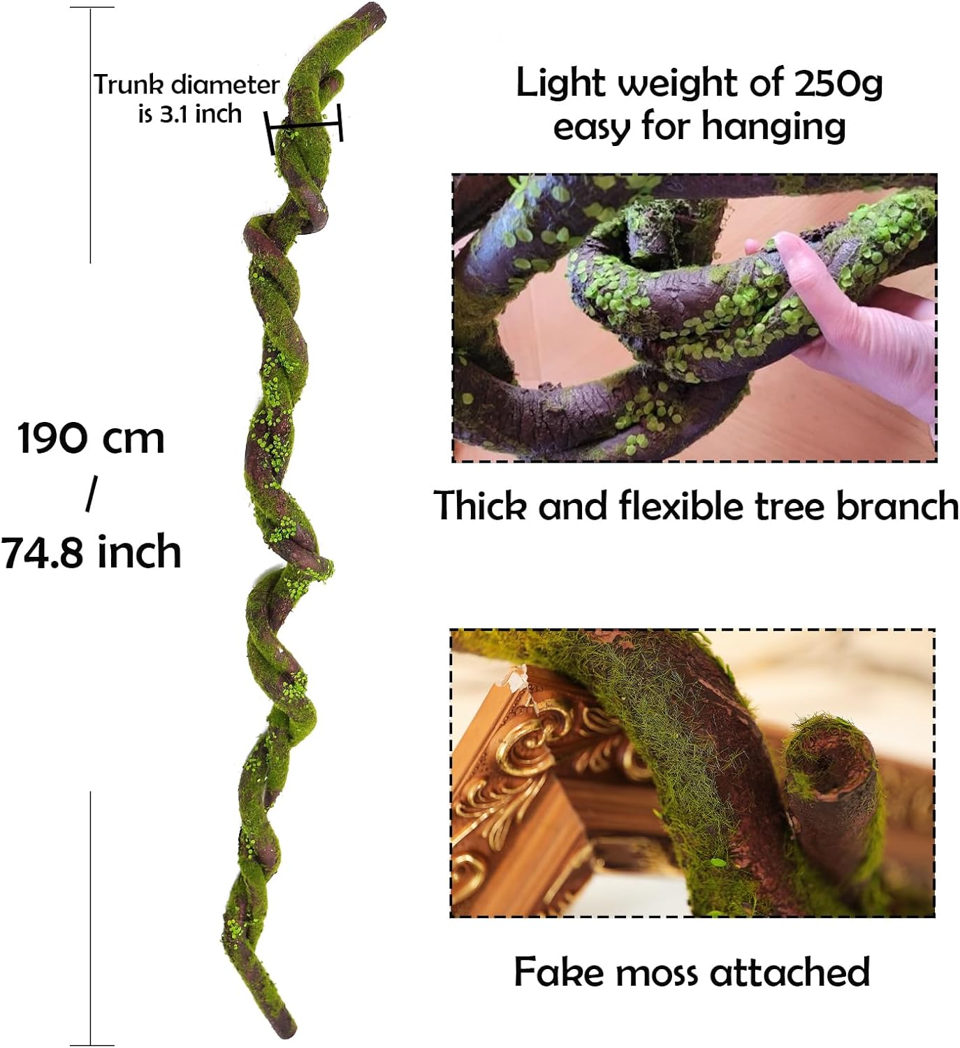 190cm/74.8inches Big Bendable Artificial Tree Trunk Cherry Blossom Grape Vine Wisteria Branches Fake Green Plants Garland Twigs for Garden Wall Hanging Front Door Fireplace Halloween Decor