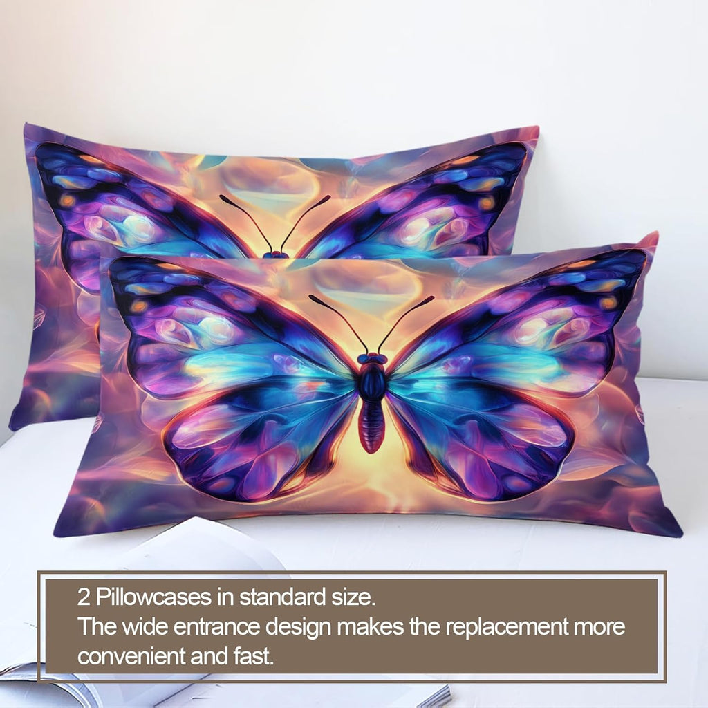 Beautiful Butterfly Duvet Cover Oversized King, Colorful Butterfly Bedding Set 3 Piece Bedroom Decor Neon Purple Comforter Cover and 2 Pillow Sham with Zipper Closure