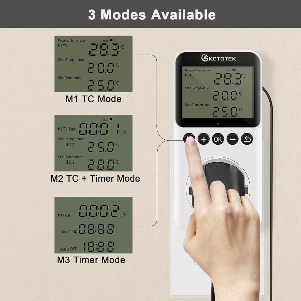KETOTEK Digital Day/Night Temperature Controller 120V, Thermostat Outlet Plug with Timer, Thermostatic Outlet Switch 110V with 3m Sensor for Reptile Terrarium Greenhouse, Heating/Cooling Temp Control