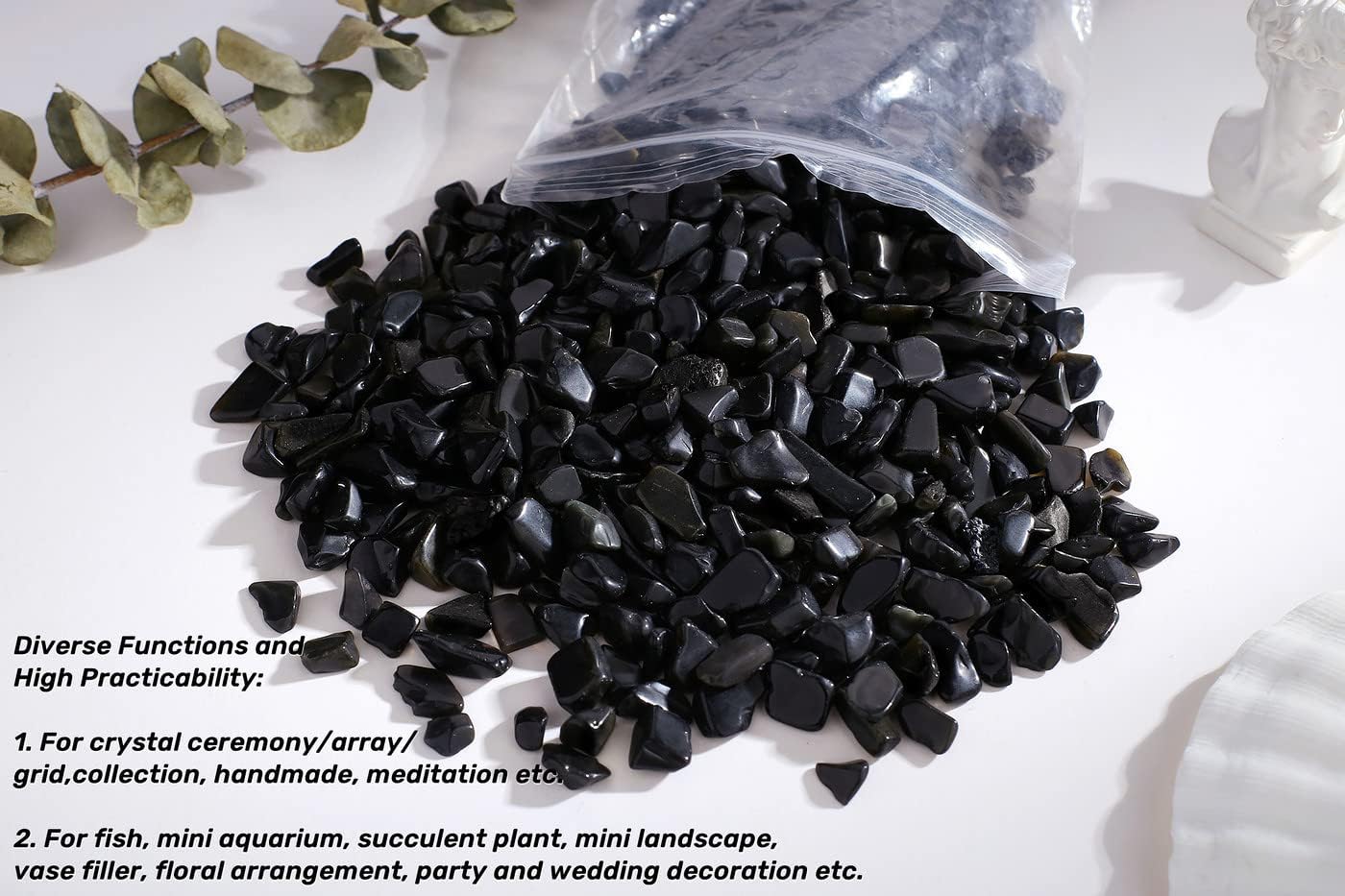 QINJIEJIE 400G Black Obsidian Crystal Polished Rocks 0.3-0.4" Tumbled Stones Chips Stone Crushed Quartz Natural Gem Home Decoration Aquarium Plants Cacti Vase Filler Landscape Bottom Ornament 0.9lb