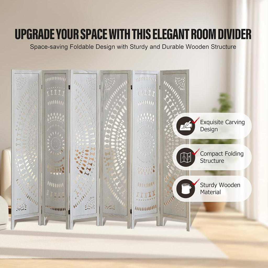 6 Panel Wood Room Divider Fully Assembled, Decorative Room Dividers and Folding Screens, 5.6Ft Room Divider Screen Freestanding Partition Wall Dividers for Home Bedroom Office, White
