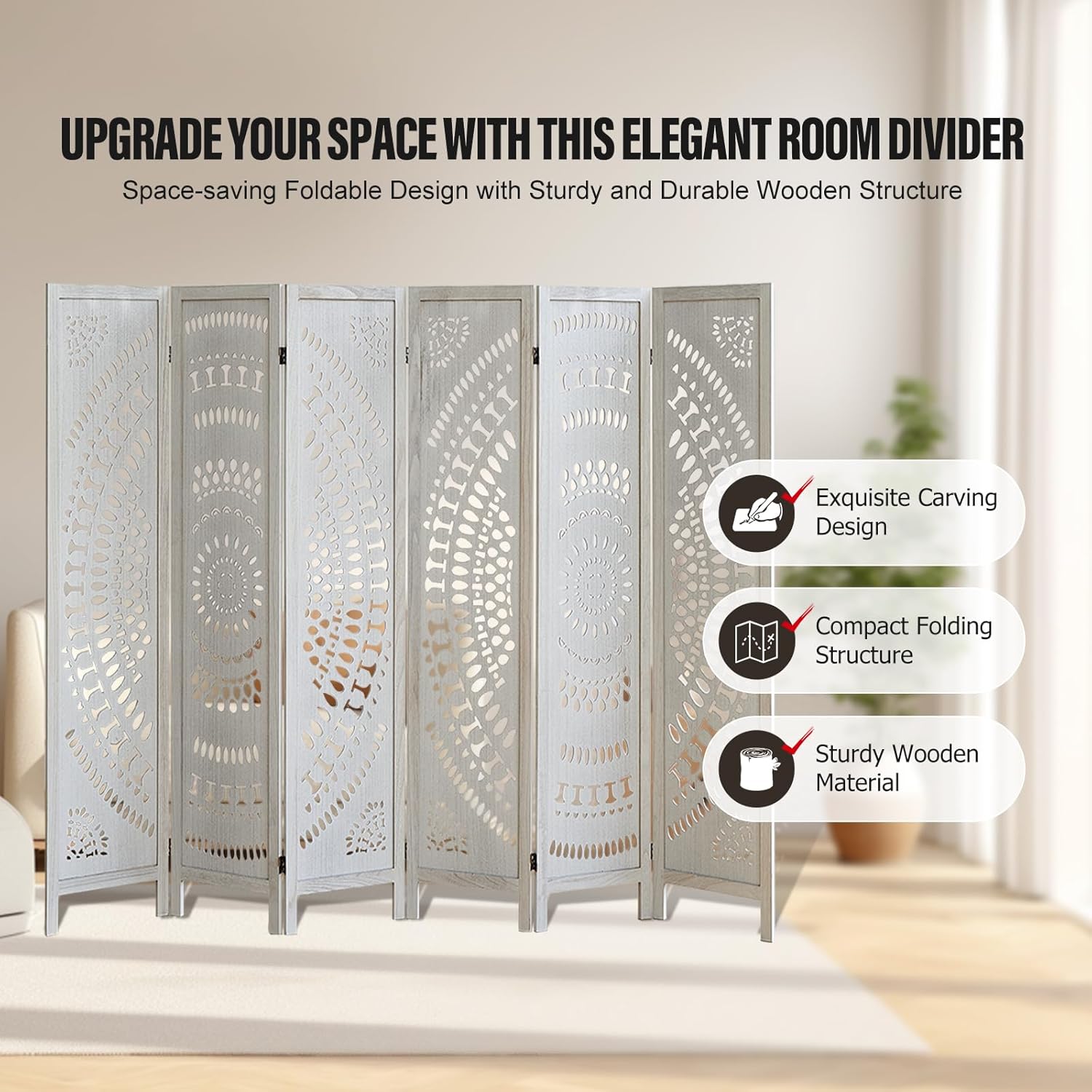 6 Panel Wood Room Divider Fully Assembled, Decorative Room Dividers and Folding Screens, 5.6Ft Room Divider Screen Freestanding Partition Wall Dividers for Home Bedroom Office, White