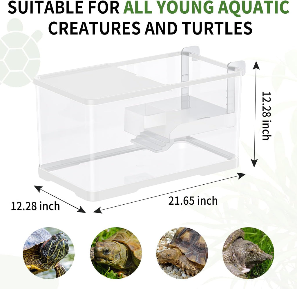 (Tank + Light + Filter + Filter Balls) Turtle Tank Kit, Turtle Tank Starter Kit,Bottom Drainage, Multi-Function Areas for Turtles, Crabs,Fishes, Amphibians,Reptiles. (21.65 × 12.28 × 12.28 Inch)
