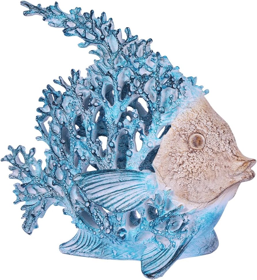 Coastal Angelfish Figurine – 7.3in Turquoise Coral Reef Fish Statue, Nautical Ocean Decor for Bathroom, Living Room, Office, Shelf or Coffee Table – Beach House Gift Accent