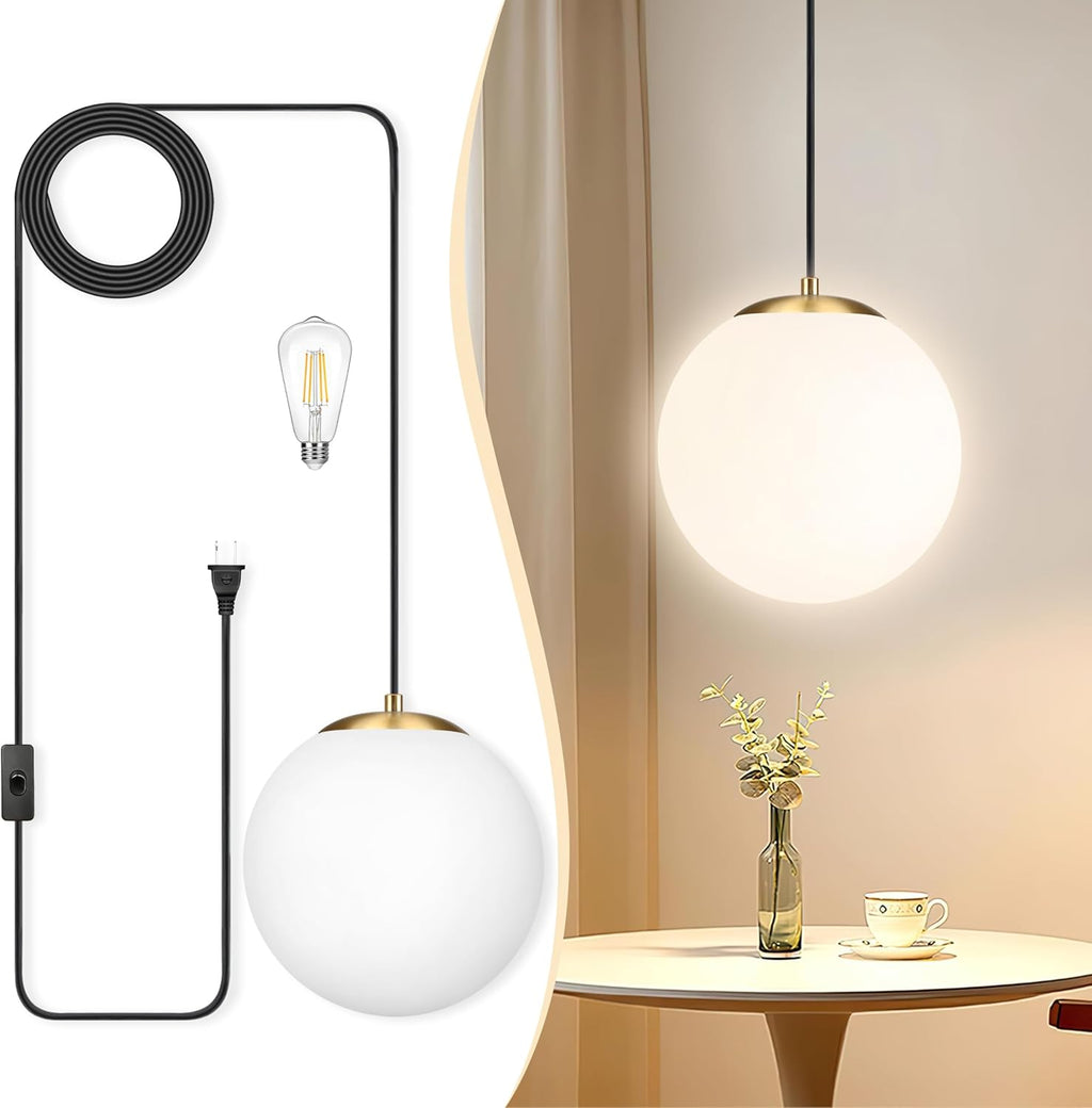 KoKo&Yukina 10" Globe Pendant Light Gold Plug in Pendant Light Adjustable Hanging Lights with Plug in Cord Brushed Gold Finished with Milk Glass Lampshade for Bedroom Kitchen Island（Bulb Included）