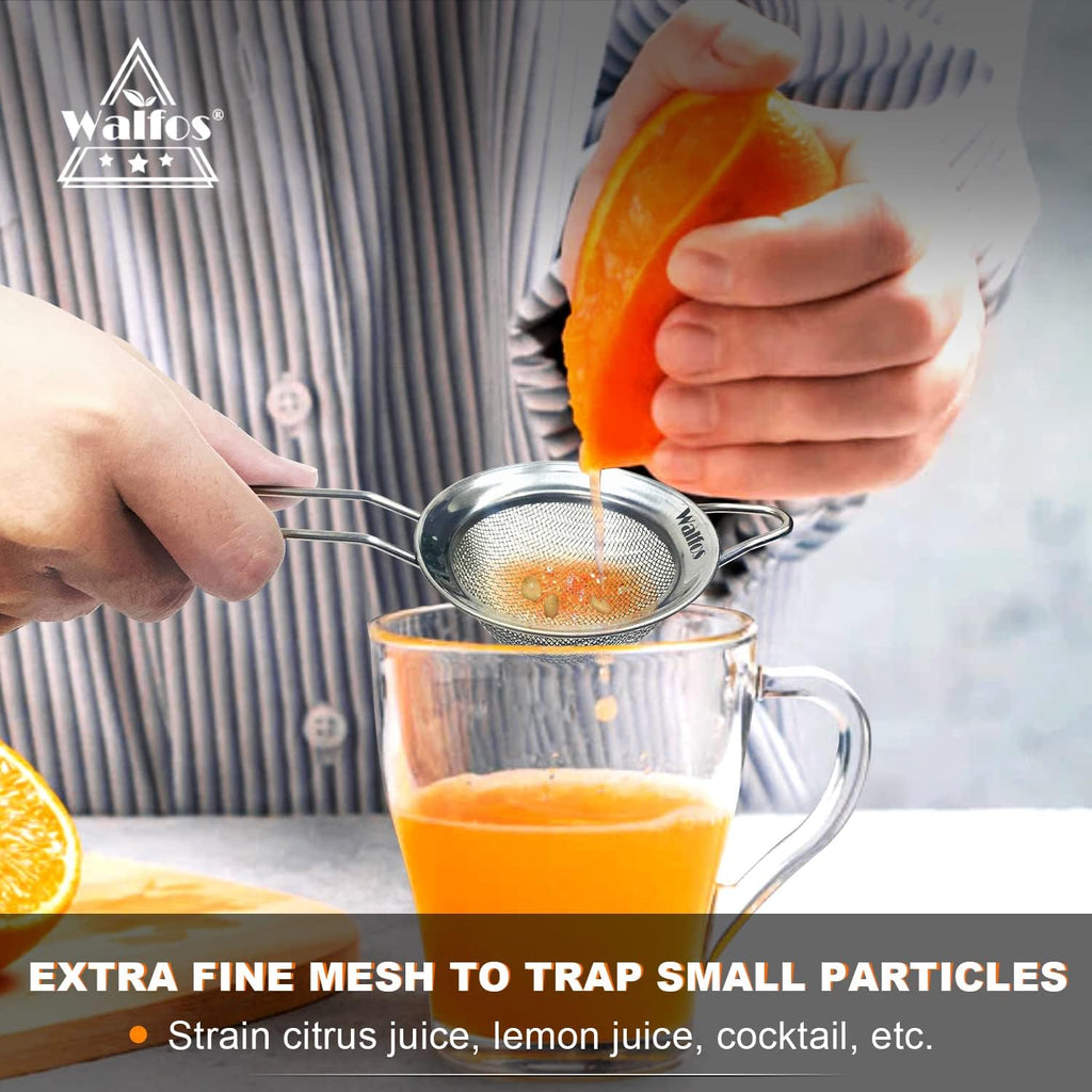 Walfos Mini Fine Mesh Tea Strainer, Stainless Steel Small Sifter with Sturdy Handle, 2.7 Inch Kitchen Metal Sieve for Tea, Coffee, Cocktail, Juice, Sugar and Spices
