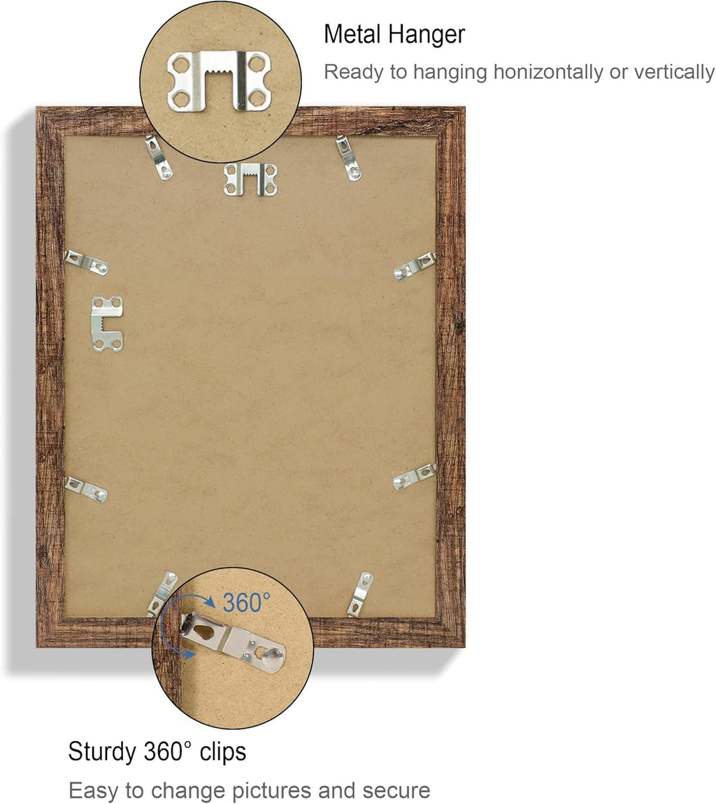 10x13 Picture Frame Set of 4, Made of Real Glass and Rustic Brown Frame, 10 by 13 Photo for Wall or Tabletop - Display Picture 8.5x11 with Mat or 10x13 Without Mat