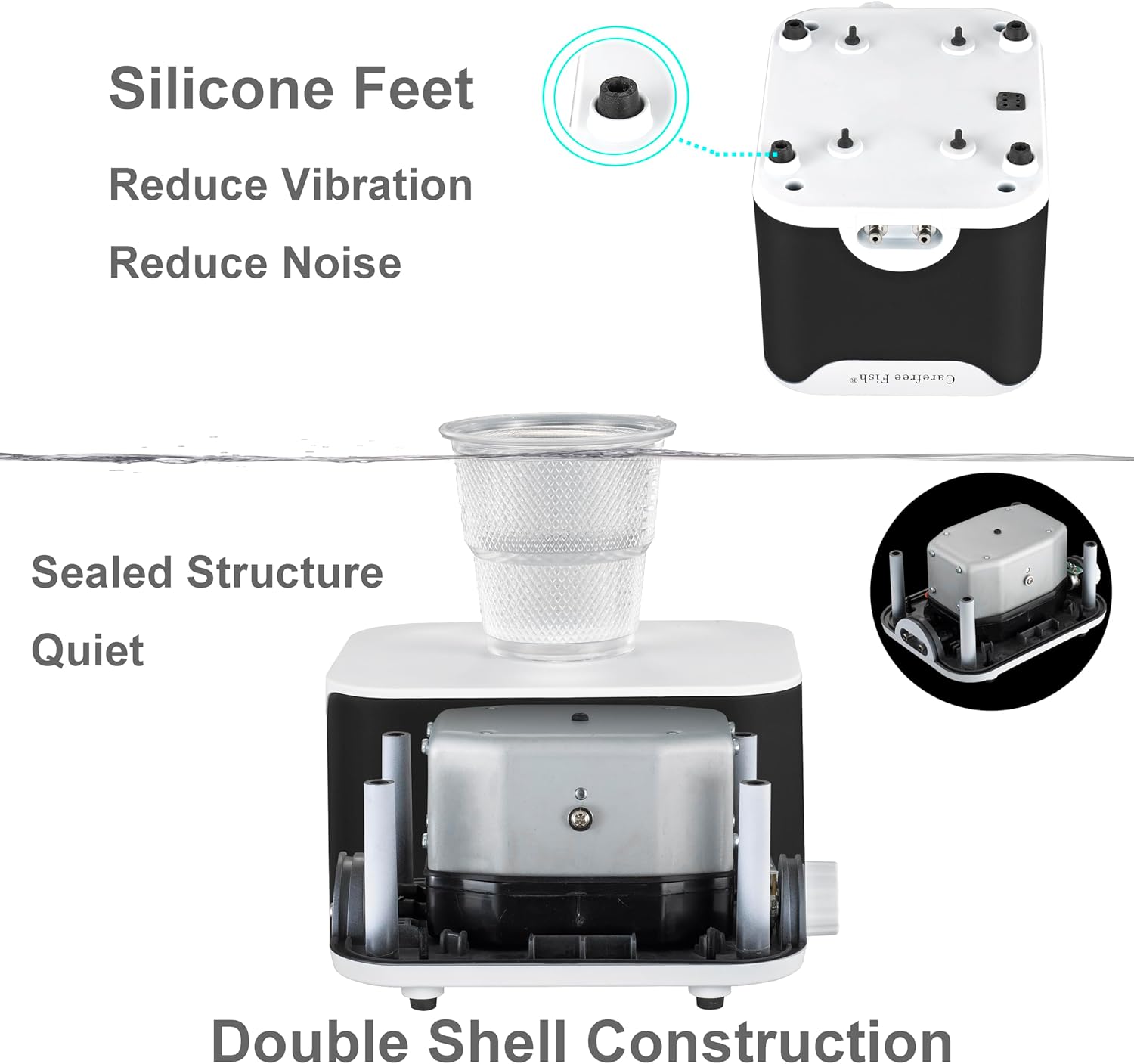 Carefree Fish 10W 260Gph Aquarium Air Pump Dual Air Outlets Super Quiet and Powerful Adjustable Oxygen Pump Aerator Pump with 6Ft Tubing and 2 Air Stones Up to 600 Gallon Fish Tank