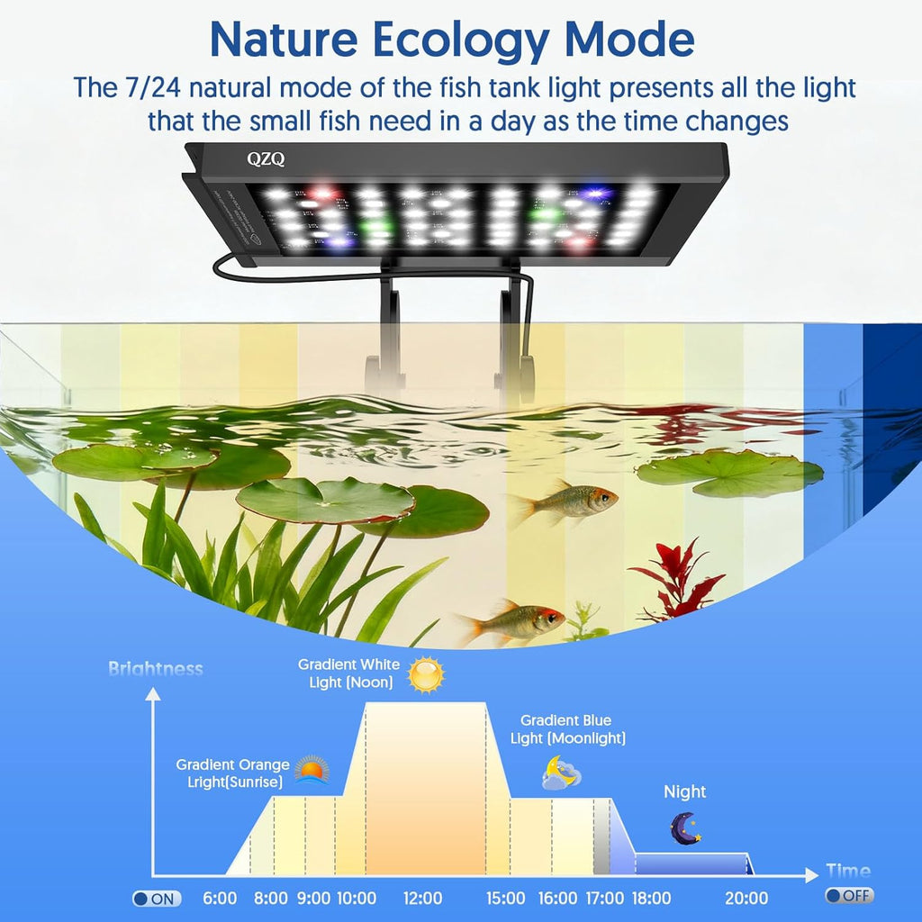 QZQ Fish Tank Light – Aquarium Light 24/7 Mode LED Aquarium Lights for Fish Tank with Adjustable Timer/Brightness, Aquarium Plant Light (12W for 7–12 Inch Tank)
