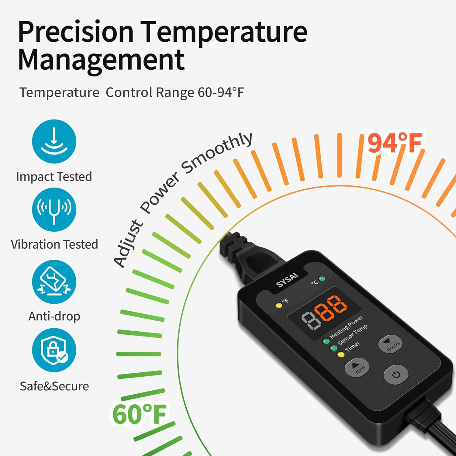 SYSAI Temperature Controller for Reptile Tank, Heat Mat, Seed Germination, Greenhouse, Brooder, Home Brewing, 100W-1A, Digital Thermostat, °F/°C Display, 60-94°F