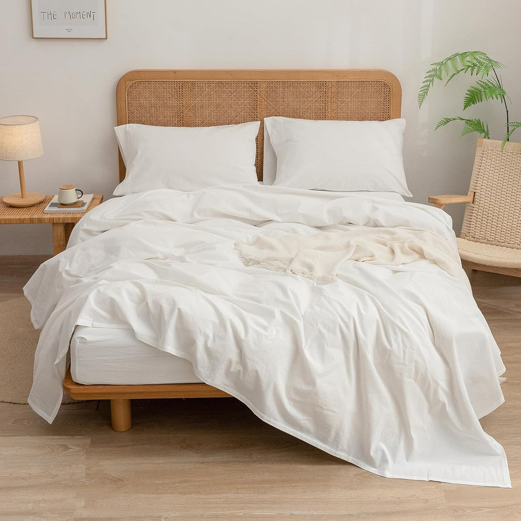 BESTOUCH Sheet Set 100% Washed Cotton Linen Feel Super Soft Comfortable Chic Lightweight 4 Pcs Home Bedding Set Solid Off White Queen