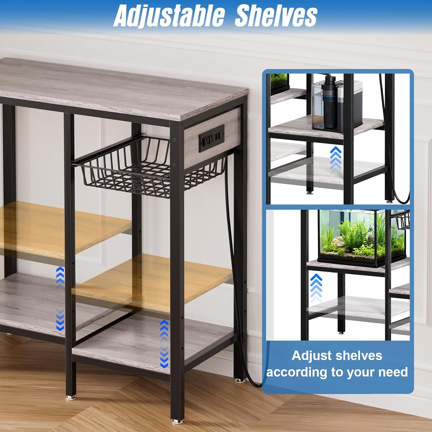 Livofloral 5-10-20 Gallon Fish Tank Stand with Outlet, Heavy Duty Aquarium Stand with Adjustable Shelves, Ample Storage Stand Table for Fish Tanks Accessories, Reptile Tank Stands, 660 LBS, Grey