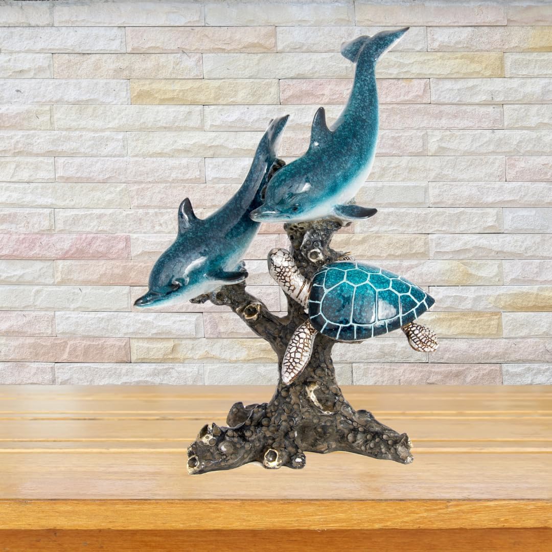Dolphins and Sea Turtle Swimming on Coral Reef – Ocean Figurine Coastal Tabletop Decor | Sea Life Sculpture Beach House Nautical Room Accents (10.75 x 9.5 in) by Corner Merchant