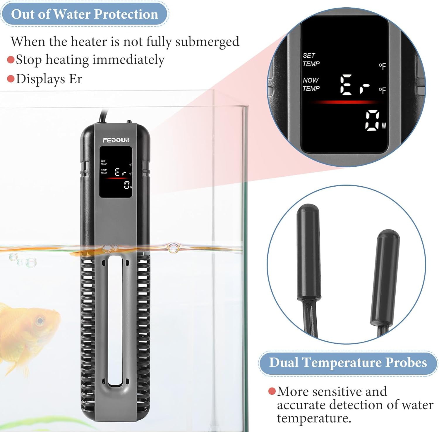FEDOUR 600W 800W Titanium Aquarium Heater with External Controller, LED Digital Display Submersible Heater with Overheating Protection, for up to 220Gallon Fish and Turtle Tank (800W for up to 220Gal)