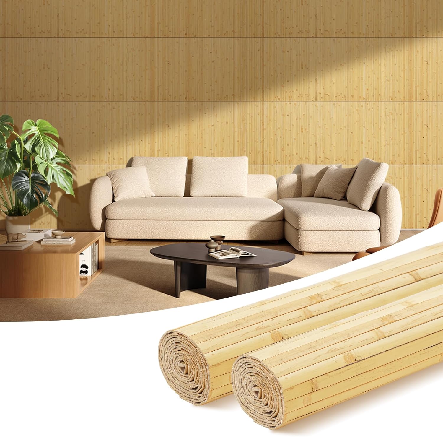 OUZUGIE 2 Pack 96x24 Inch Natural Bamboo Wall Panel – Natural Pole Wrap Paneling for Walls, Ceilings, Cabinets, Furniture – Ideal for Bedroom, Living Room & Office DIY Decor