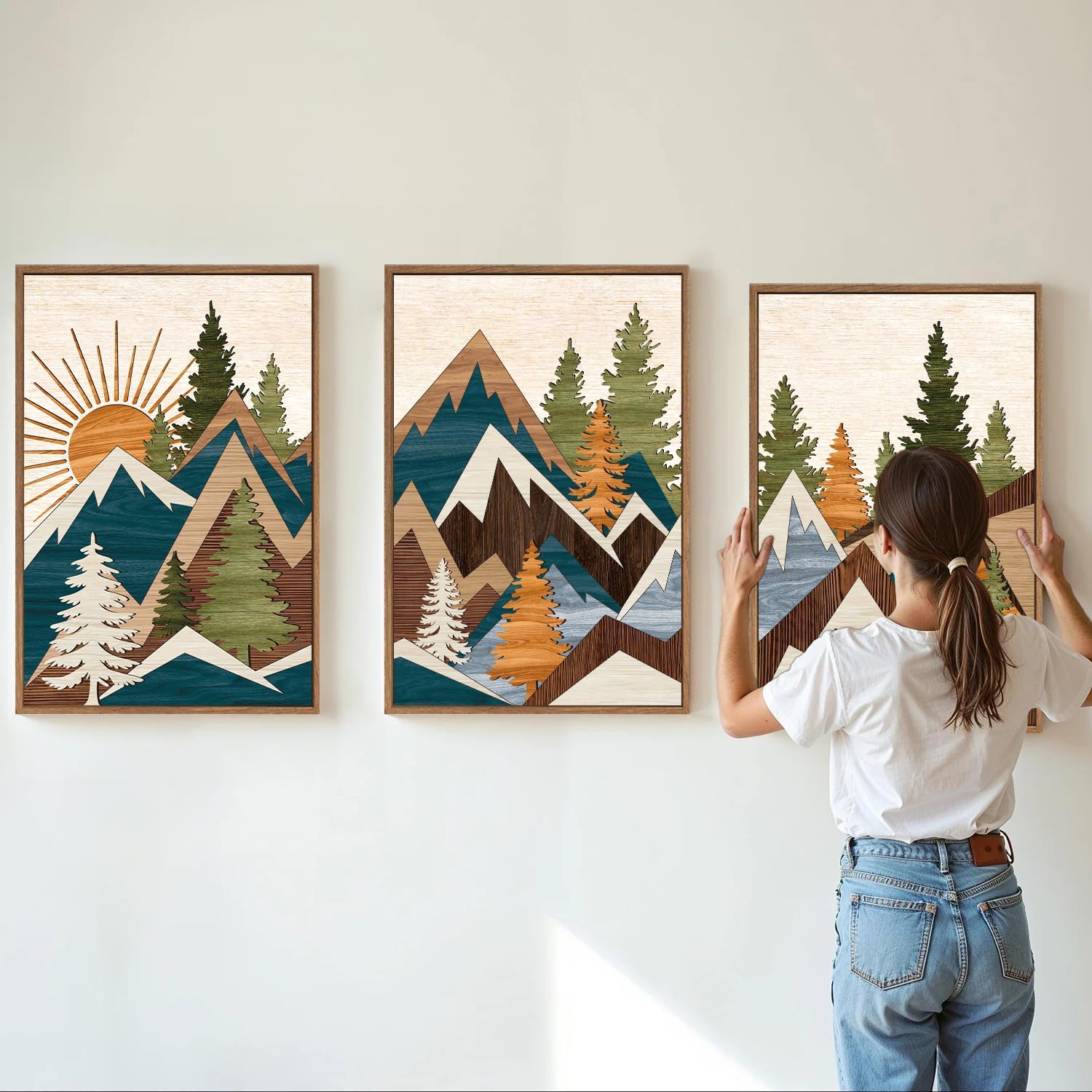 Tinonedraw Large Metal Mountain Framed Canvas Wall Art of 3, Boho Rustic Sunrise Forest Wall Decor, Modern Nature Country Artwork, Vintage Wilderness Art Print for Living Room Bedroom Office 16"x24"