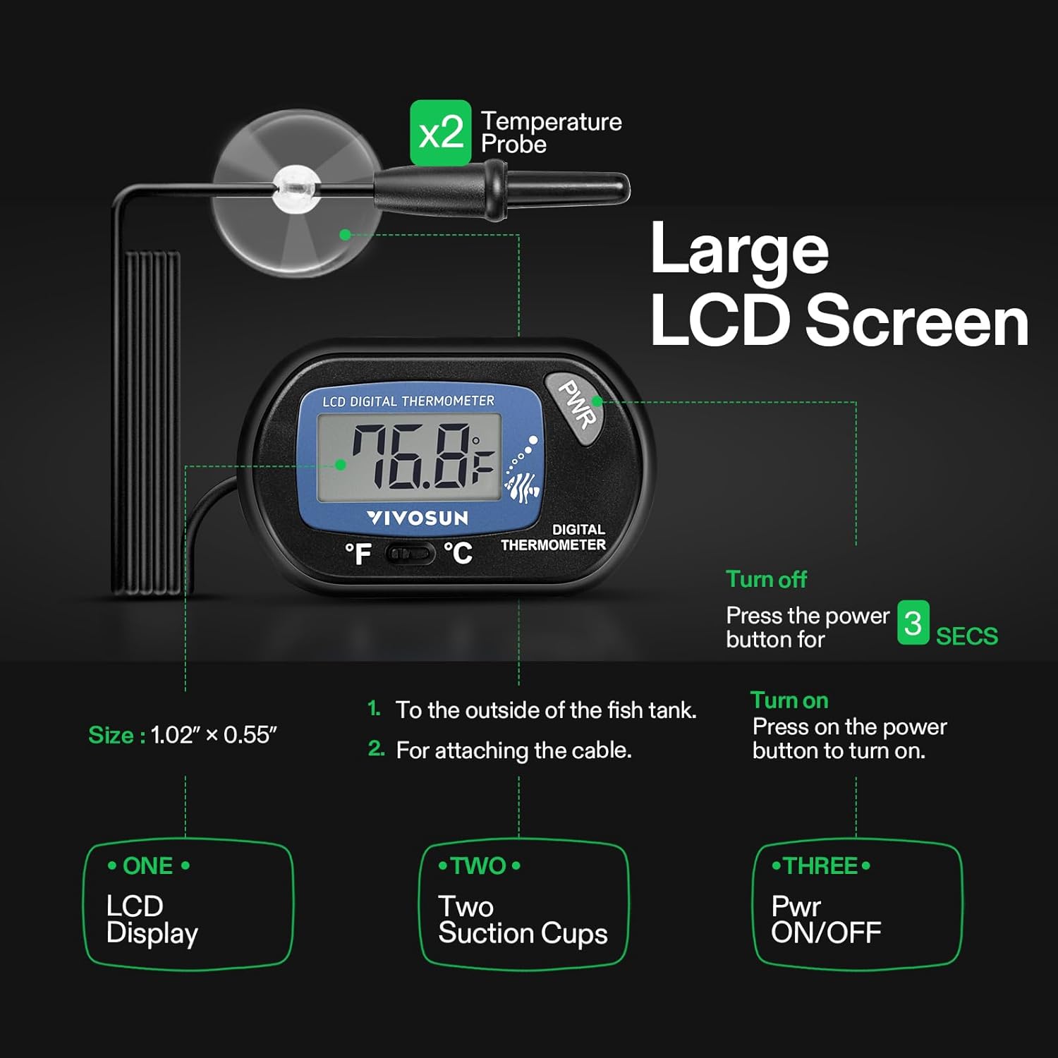 VIVOSUN 2-Pack LCD Digital Aquarium Thermometer Fish Tank Water Terrarium Temperature with Suction Cup for Turtle