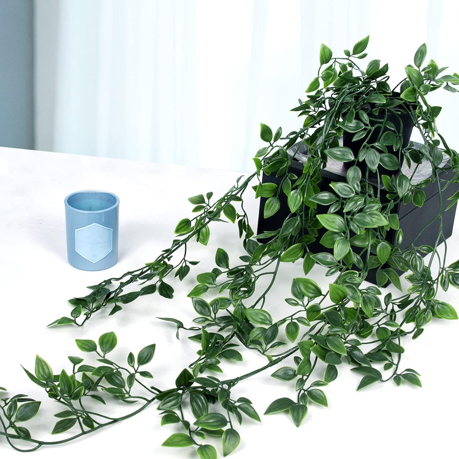 LOYWREE Small Artificial Hanging Mandala Plant with Pot Faux Plants Indoor Fake Small Potted Plant 28.7-in Long Faux Vine Shelf Decor Ideal for Indoor Outdoor Home Office Decoration (Black Pot)