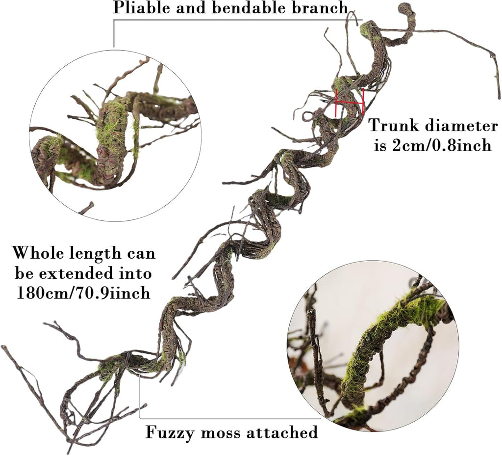 1Pcs 71inch Bendable Artificial Floral Grapevine Garland Fake Realistic Woody Tree Branches Plants Twigs Stems Trunk with Moss for Outdoor Mantel Wall Hanging Garden Halloween Jungle Room Decoration