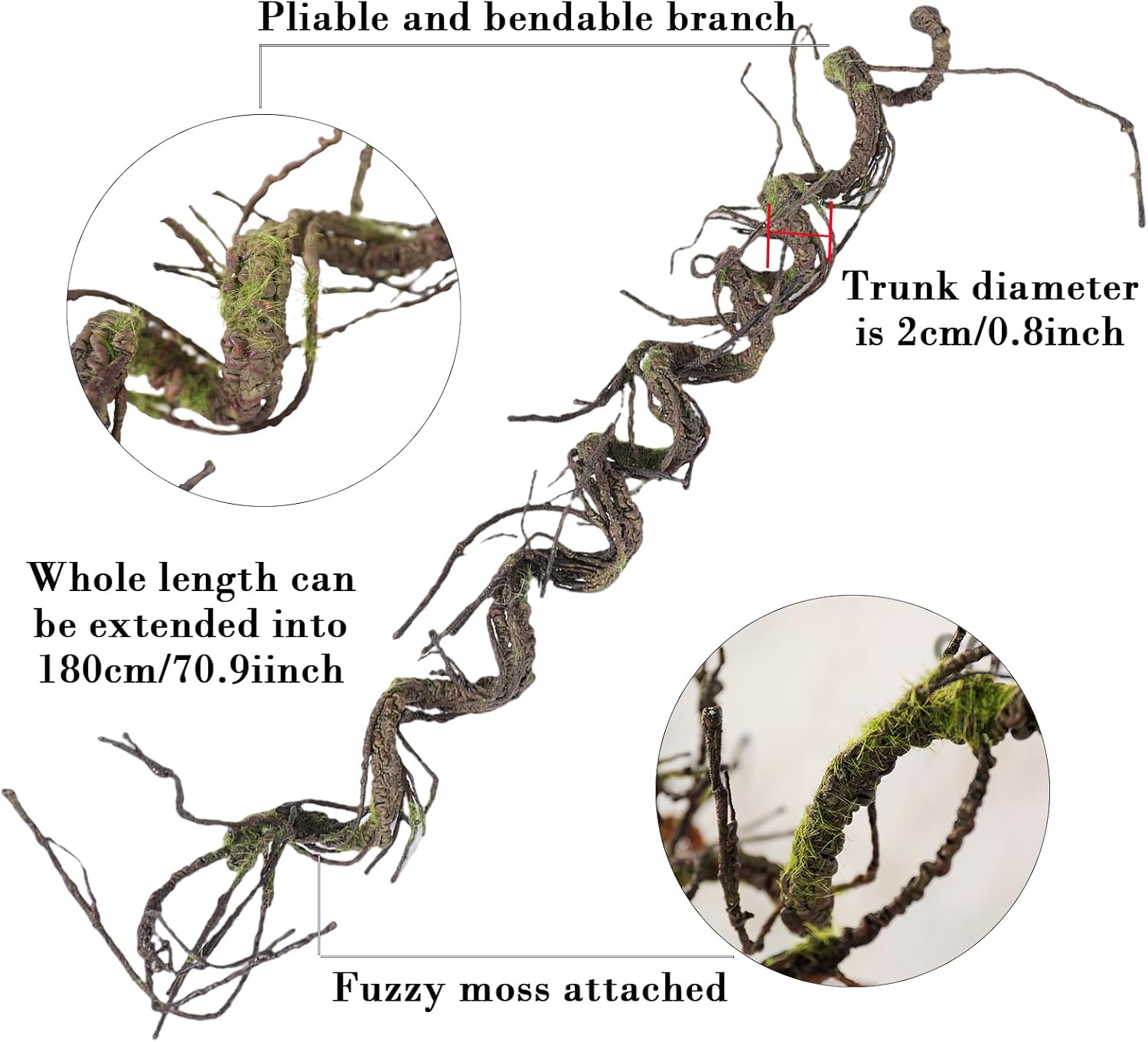 1Pcs 71inch Bendable Artificial Floral Grapevine Garland Fake Realistic Woody Tree Branches Plants Twigs Stems Trunk with Moss for Outdoor Mantel Wall Hanging Garden Halloween Jungle Room Decoration