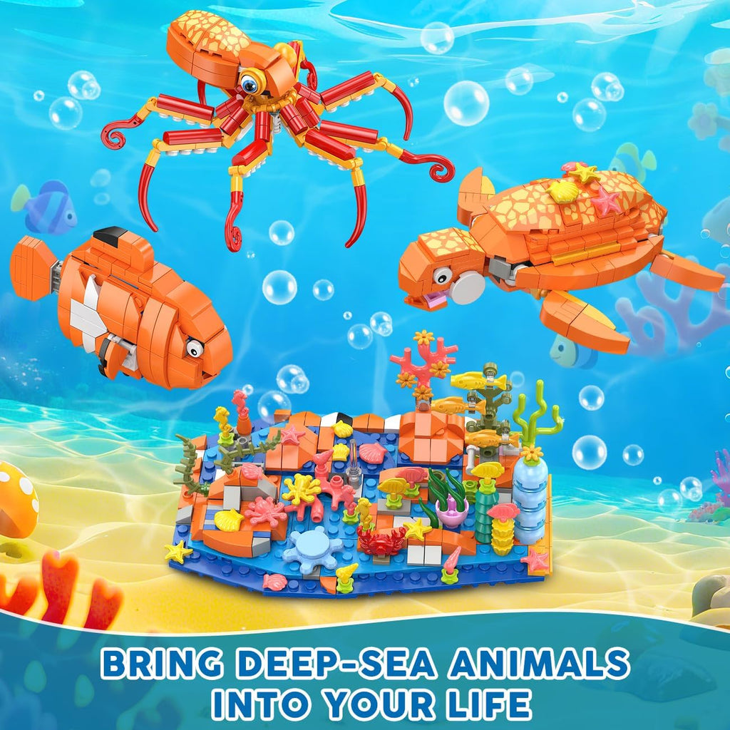 3 in 1 Animals Fish Turtle Octopus Building Set, Poseable Ocean Animal Building Block Toy for Office Home Decor, 525PCS Sea Creatures Kit, Birthday Gift for Adults Kids Boys Girls Ages 8-12+