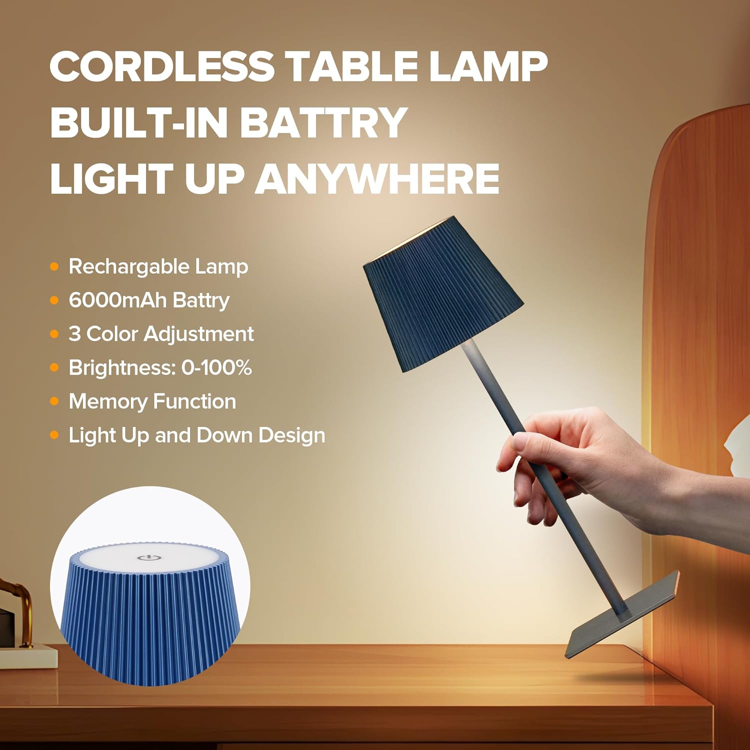 LUTEC 2 Pack Cordless Table Lamp,6000mAh Rechargeable Battery Operated Desk Lamp,Two Adjustable Heights,Waterproof, Touch Control & 3 Color Stepless Dimming for Restaurant/Bedroom/Bars/Outdoor (Blue)