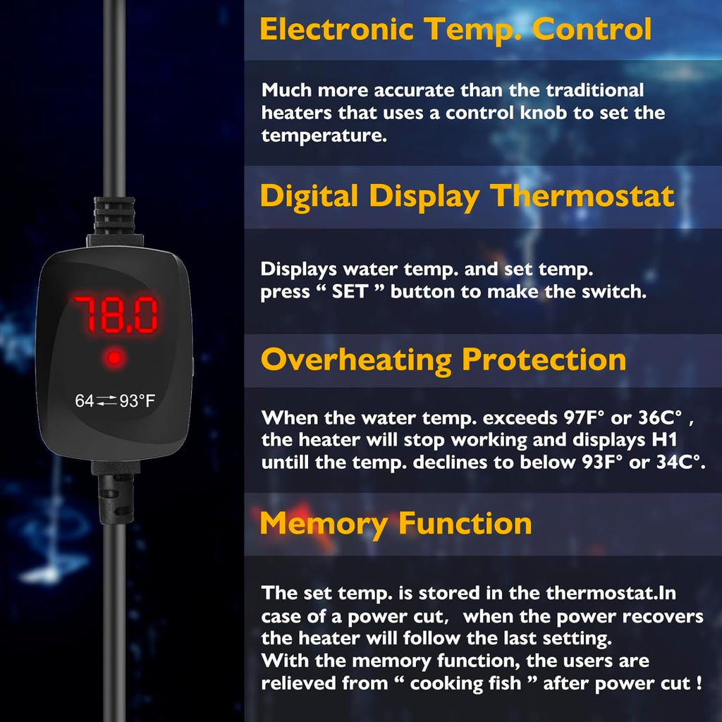 Super Mini Aquarium Heater 15W Alumina Ceramic Betta Heater Adjustable Submersible Fish Heater Small Fish Tank Heater Turtle Heater with Digital Display Thermostat, for 1-3 Gallon Tanks