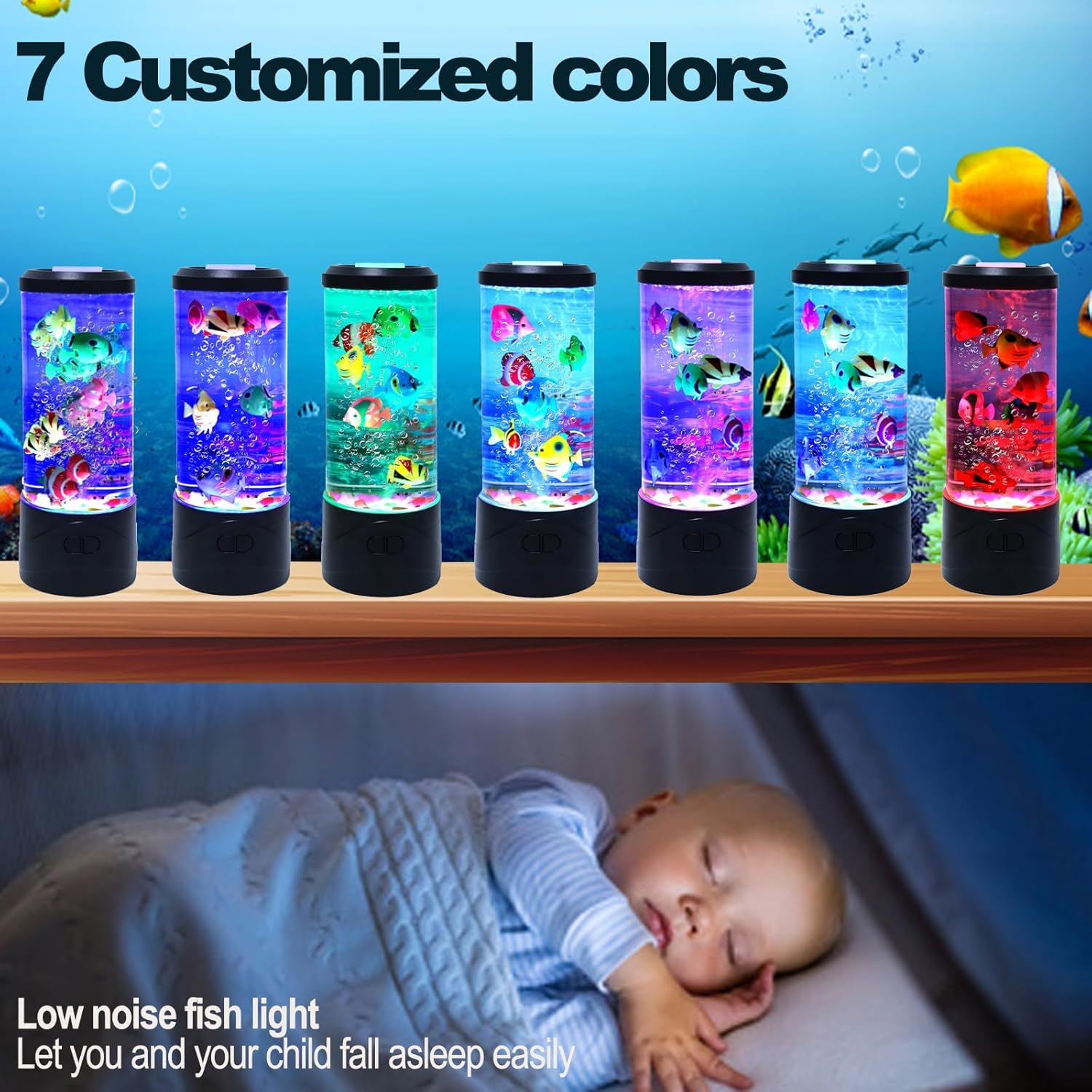 Fake Fish Tank Aquarium Lamp,Bubble Fish Lamp with 6 Artificial Fishes Night Lights, Sensory Gifts for Kids Adults, for Rooms, Offices, and Living Spaces Decor