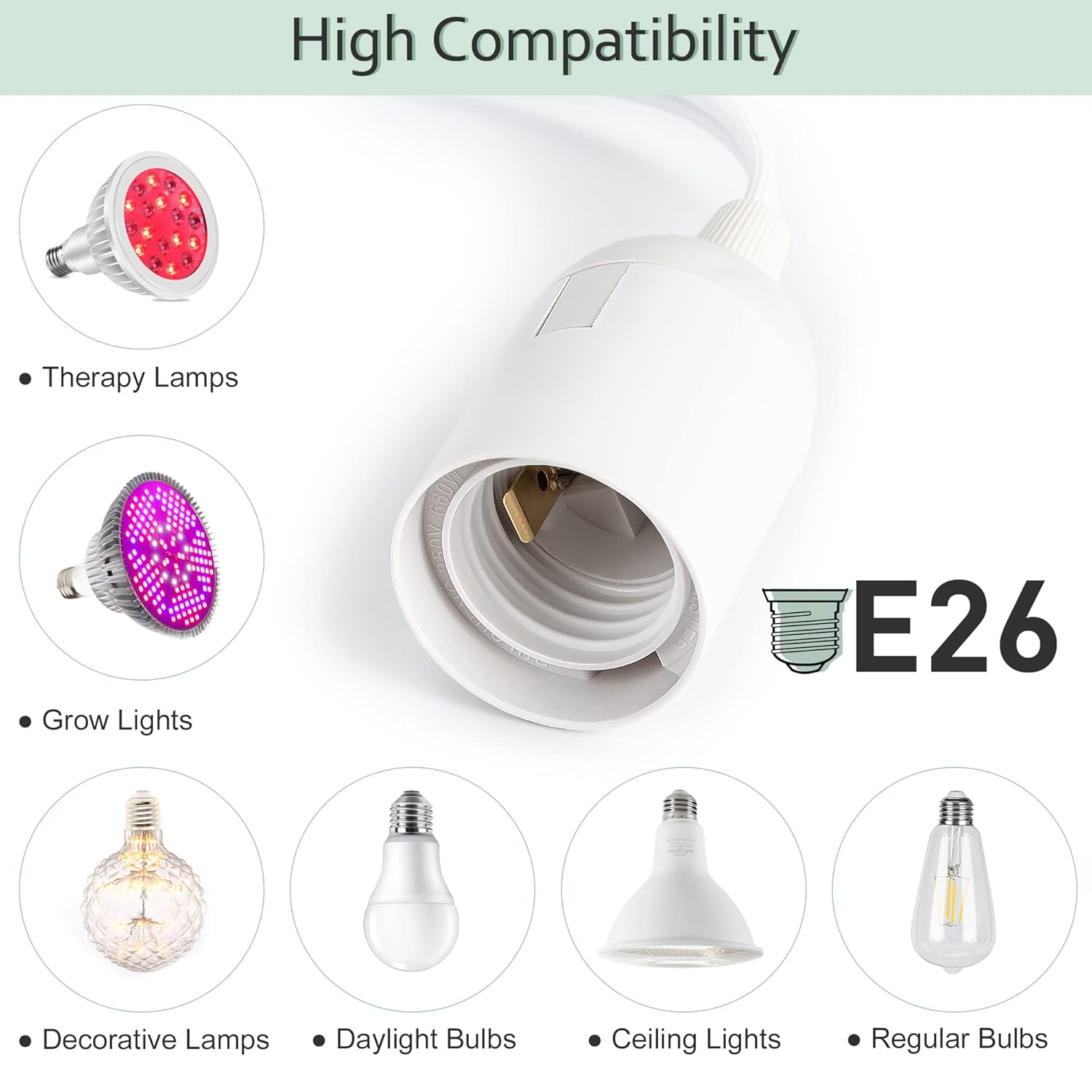 JACKYLED Extension Hanging Lantern Cord Cable UL 2-Pack 12Ft 360W with E26 E27 Socket Gear Switch + Hooks + 2-Prong US AC Power Plugs, Extra Lighting for Garage, Closet, Dark Corner, Plants