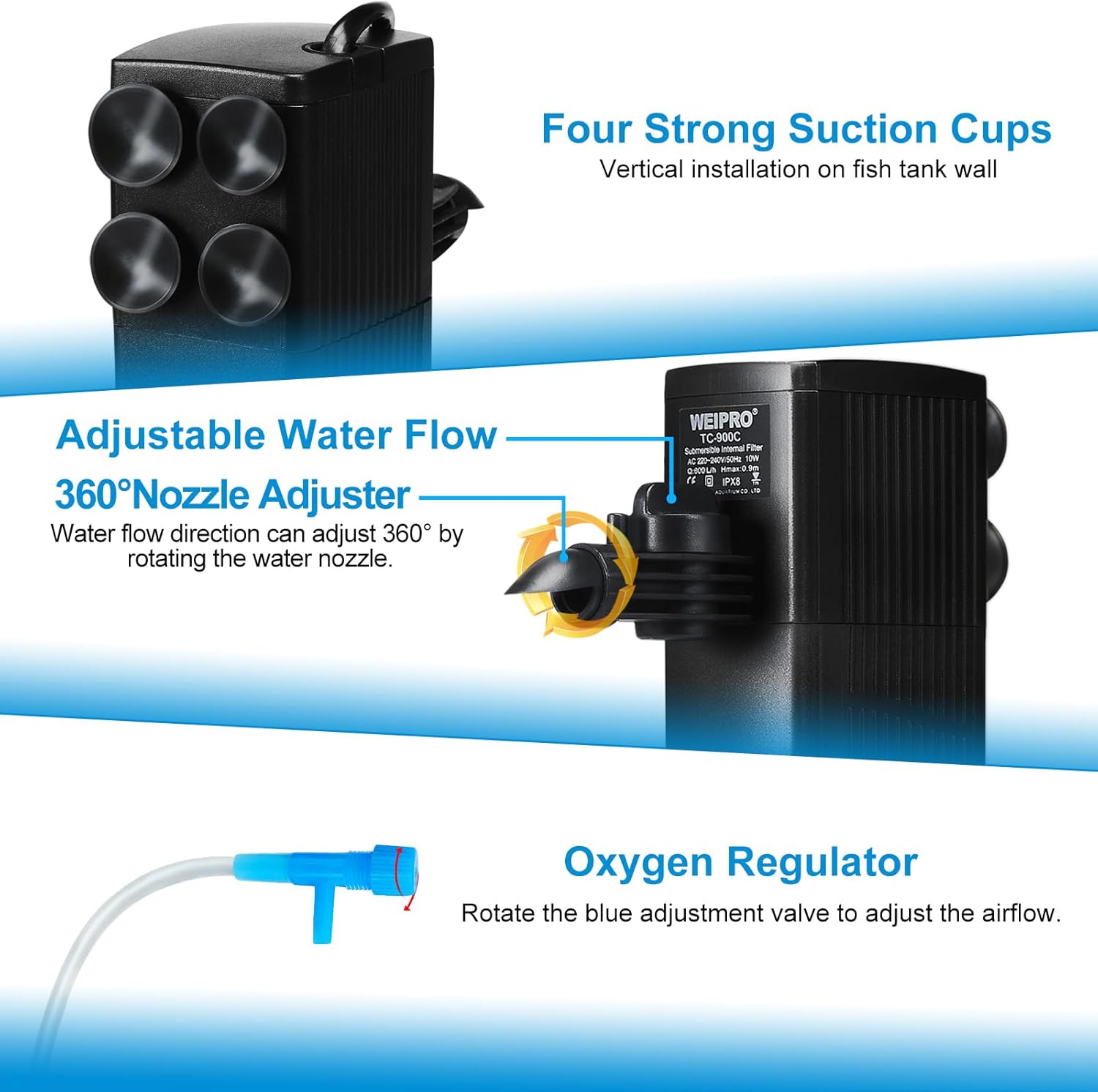 Internal Fish Tank Filter with 3-Stage Biochemical Sponge Filtration, 10W Adjustable Water Flow Submersible Aquarium Filter Pump for 20 ~ 40 Gal Freshwater or 15 ~ 25 Gal Saltwater, TC-900C(190GPH)