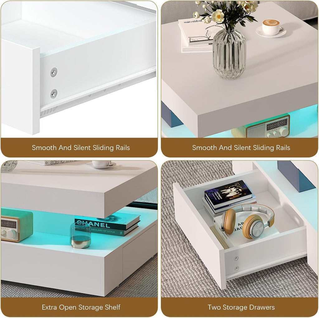 White LED Coffee Table with 2 Storage Drawers for Living Room Square Center Middle Table Modern Cocktail Table with Light 2-Tier Tea Tables Contemporary Mid Century Wood Home Office Waiting Room