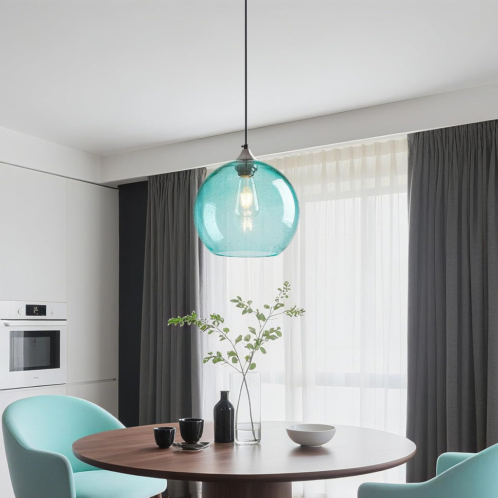 Light Blue Glass Pendant Lights Kitchen Island Globe Pendant Light Fixtures Modern Pendant Lighting for Bedroom Living Dining Room Light Fixture (9.84 in, 3 Pack)
