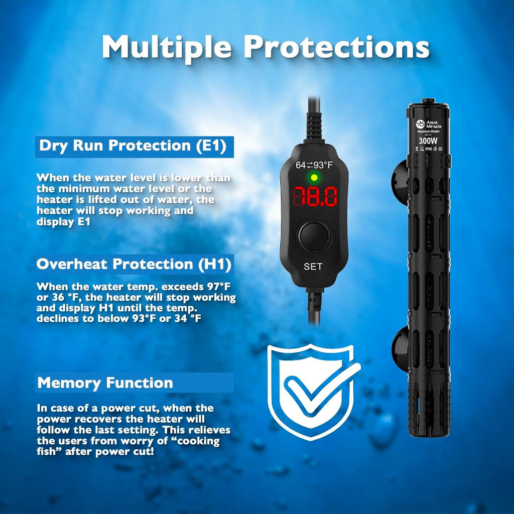 AquaMiracle Aquarium Heater with LED Digital Display Thermostat, Adjustable Fish Tank Heater with Protective Housing, Fish Heaters Turtle Tank Heaters for 40-75 Gallon Tanks(300W)