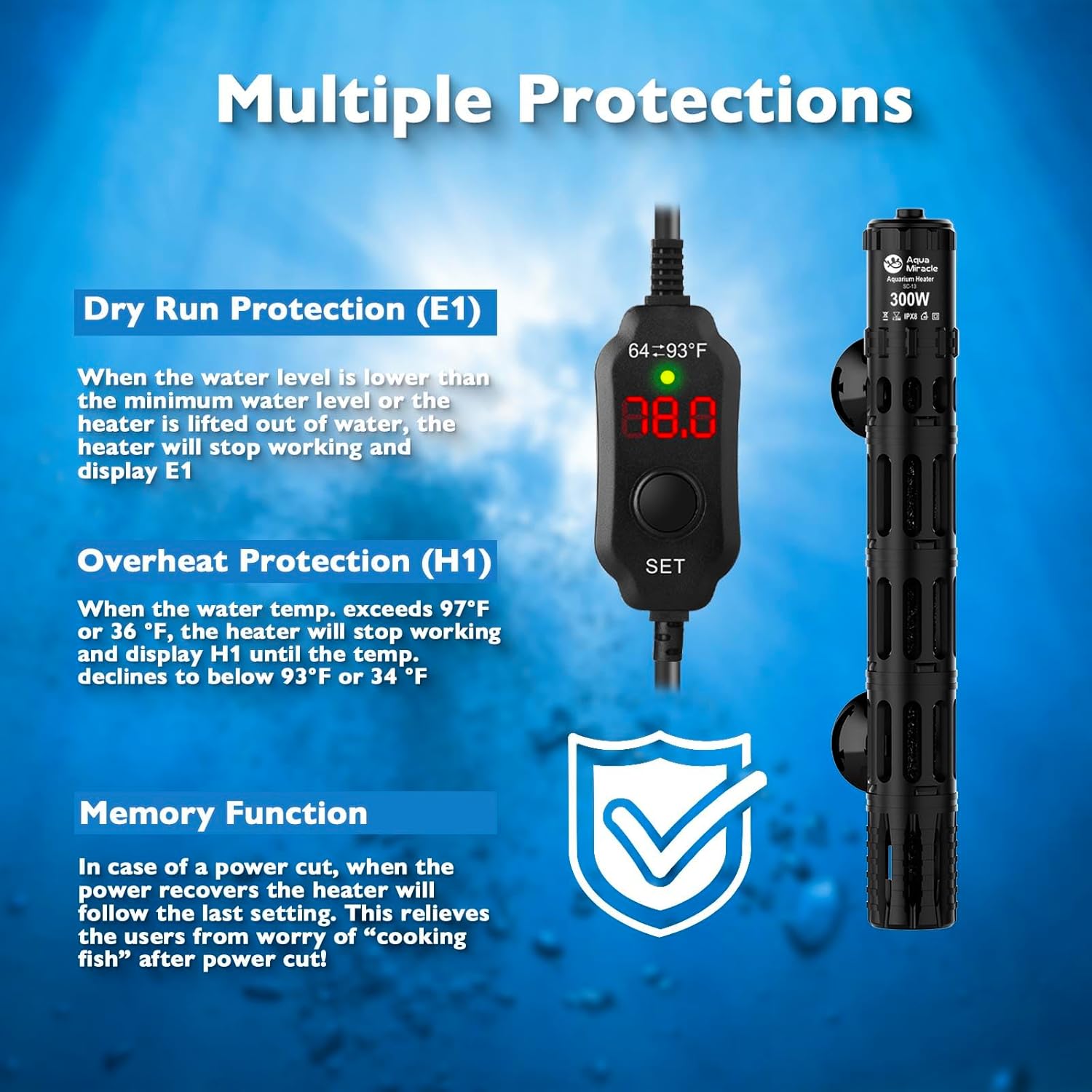 AquaMiracle Aquarium Heater with LED Digital Display Thermostat, Adjustable Fish Tank Heater with Protective Housing, Fish Heaters Turtle Tank Heaters for 40-75 Gallon Tanks(300W)