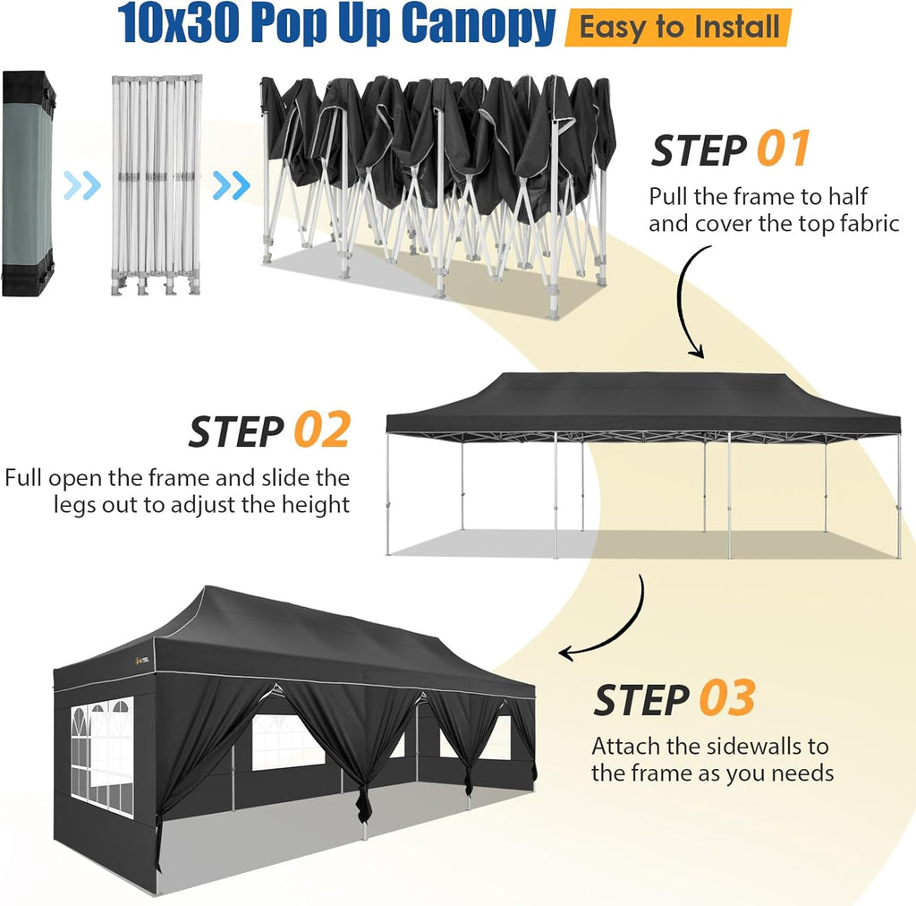 HOTEEL 10x30 Pop up Canopy Tent for Parties, Heavy Duty Easy Setup Tent with 8 Sidewalls, Outdoor Commercial Instant Gazebo for Wedding Event, with Portable Bag & Sand Bags, Black(Hexagonal Frame)