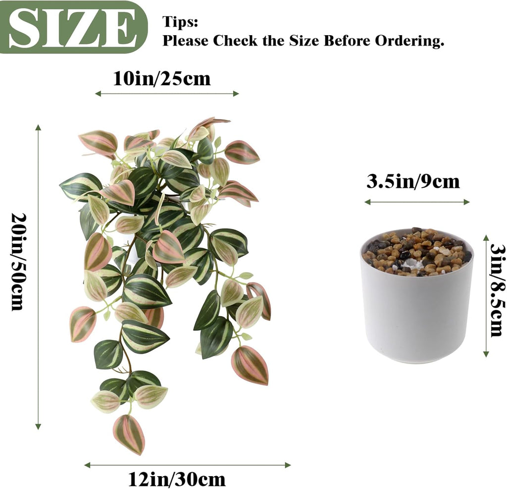 Fake Plants Indoor Artificial Hanging Plants with Pot, Potted Silk Greenery Faux Watermelon Peperomia Ivy Draping Plant for Home Office Desk Living Room Bedroom Wall Shelf Decor (Green, Light Pink)