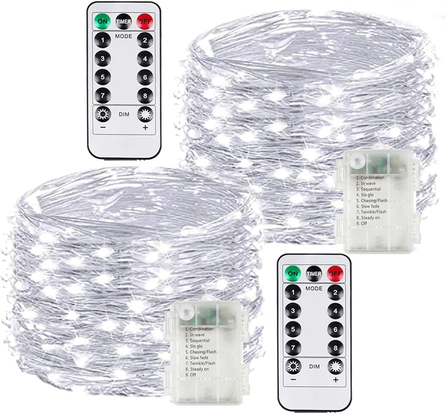2 Pack 100LED Battery Operated Fairy Lights with Remote, 8 Modes LED String Lights with Timer, Dimmable, Memory Function, Waterproof Twinkle Lights for Outdoor Indoor Christmas Decor(Cool White)