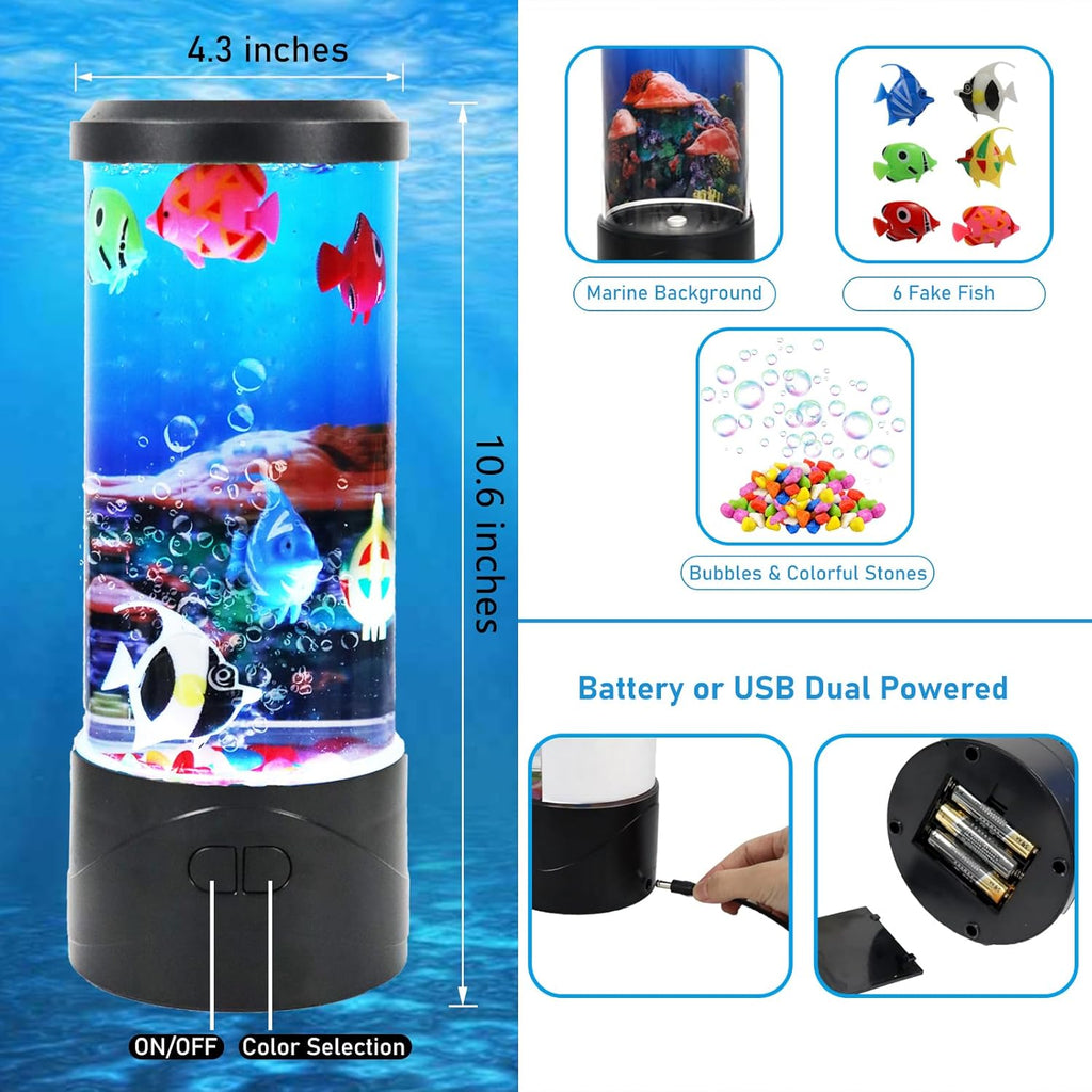 Toycol Bubble Aquarium Lamp | Fish Lamp Kit with 6 Fake Swimming Fish | Sensory Night Light with Energy-Safe USB Powered | 7 Color Changing Mood Light for Kids Bedroom, Desk, Office Decor and Gifts