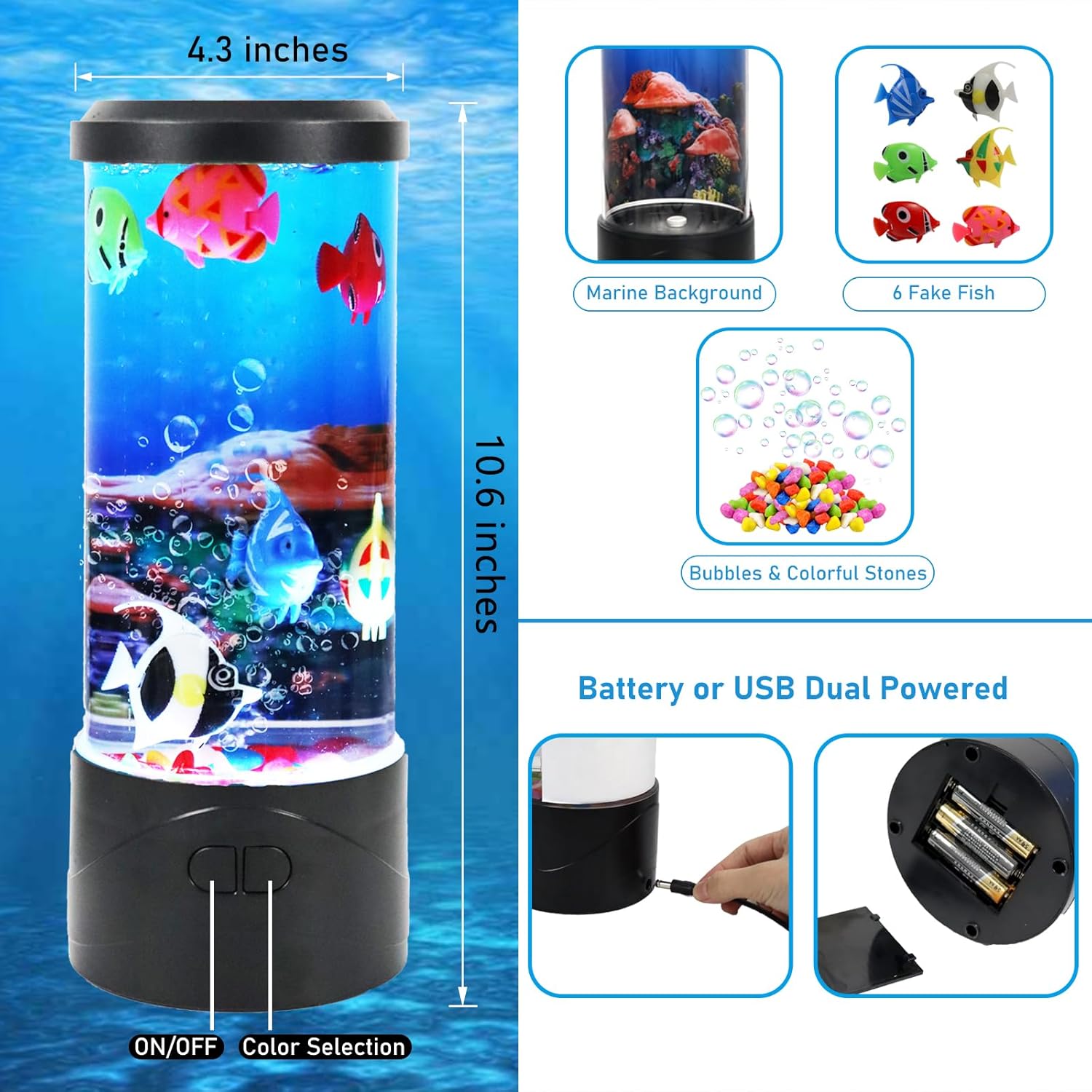 Toycol Bubble Aquarium Lamp | Fish Lamp Kit with 6 Fake Swimming Fish | Sensory Night Light with Energy-Safe USB Powered | 7 Color Changing Mood Light for Kids Bedroom, Desk, Office Decor and Gifts