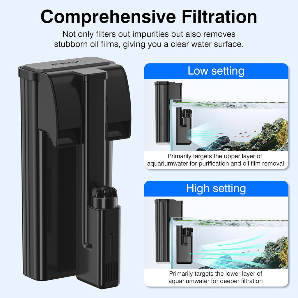Hang On Back Aquarium Filter Up 30 Gallons Fish Tanks, 5-Stage Multi-Stage Filtration with Surface Skimmer, Ultra Quiet HOB Power Waterfall Filter for Freshwater