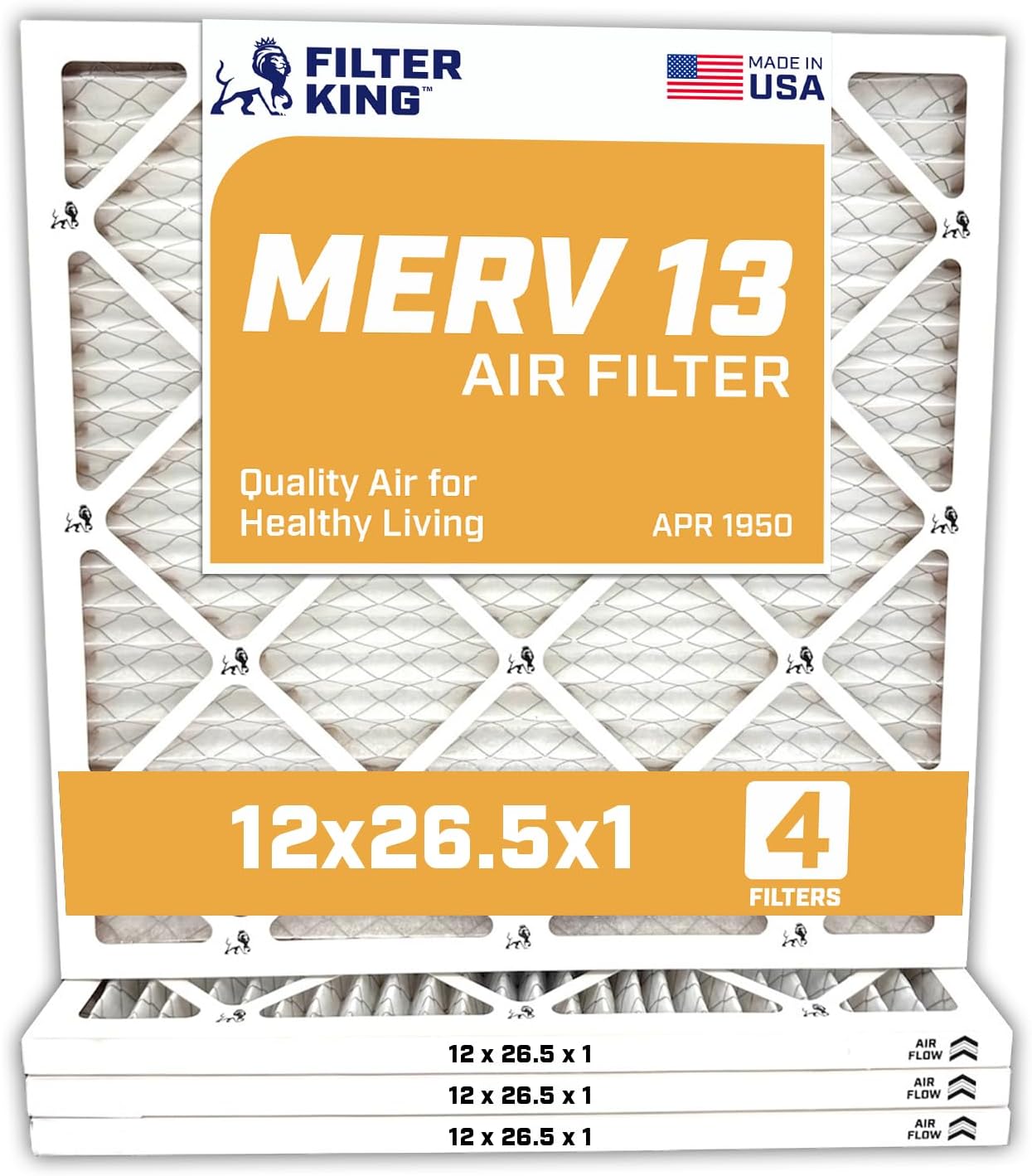 Filter King 12x26.5x1 Air Filter | 4-PACK | MERV 13 HVAC Pleated A/C Furnace Filters | MADE IN USA | Actual Size: 12 x 26.5 x .75"