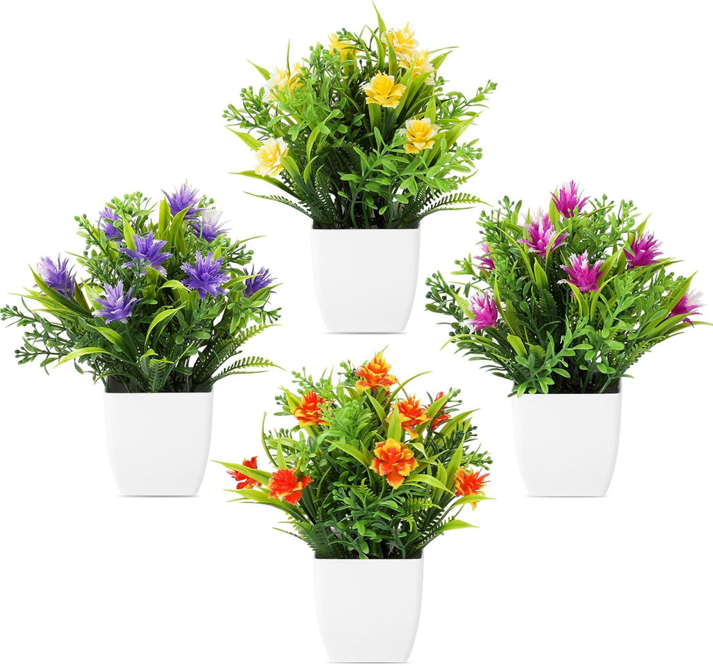 Fake Plants 4 Packs, Small Artificial Plants with Flowers, Black Faux Plants for Bathroom, Office, Home, Conference Table Decor, Indoor Desk Decor for Library, Restaurant