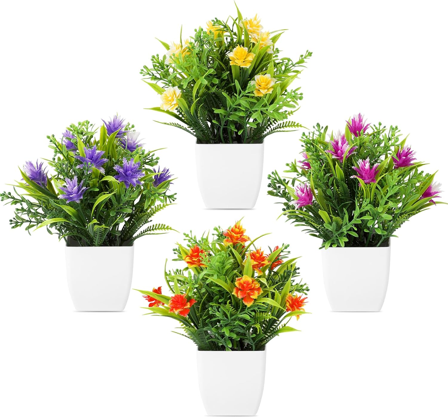 Fake Plants 4 Packs, Small Artificial Plants with Flowers, Black Faux Plants for Bathroom, Office, Home, Conference Table Decor, Indoor Desk Decor for Library, Restaurant