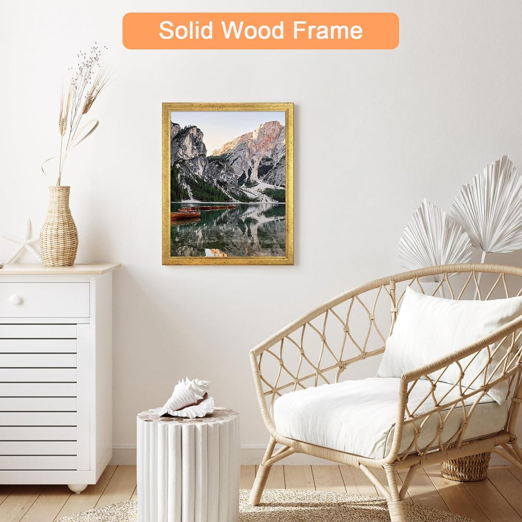 Wood 22x28 Frame Gold, Ornate Natural 28x22in Poster Picture Frame, Modern Golden 22 x 28inch Gallery Wall Photo Frame with HD Plexiglass, Horizontal Vertical Wall Mounting Display 1pcs